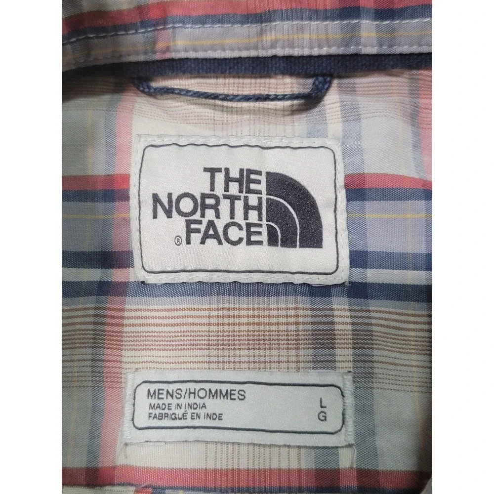 The North Face Mens Large Plaid Short Sleeve Button Down Shirt Blue Red Tan‎